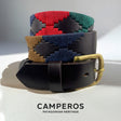 Handcrafted leather polo belt with Blue, Brown, Green & Red thread embroidery and bronze buckle ‚Äì by Camperos