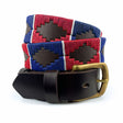 Handcrafted leather polo belt with Red, Blue & White thread embroidery and bronze buckle, by Camperos
