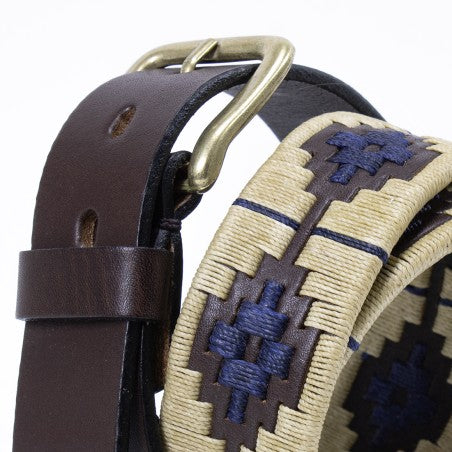 Leather belt - Beige and blue Polo style pattern