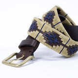 Leather belt - Beige and blue Polo style pattern