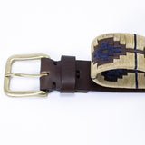 Leather belt - Beige and blue Polo style pattern