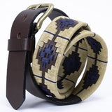 Leather belt - Beige and blue Polo style pattern