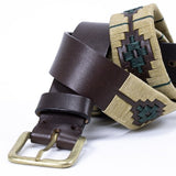 Leather belt - Beige and green Polo style pattern