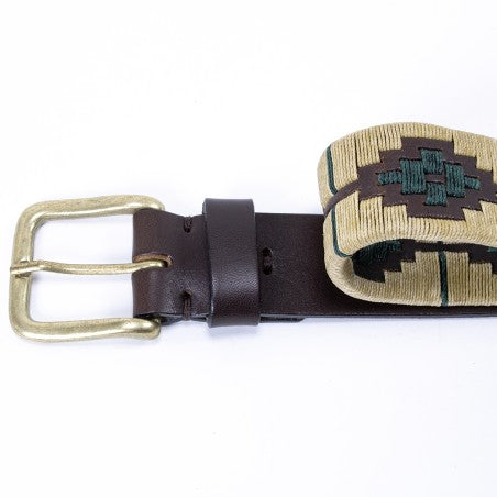 Leather belt - Beige and green Polo style pattern