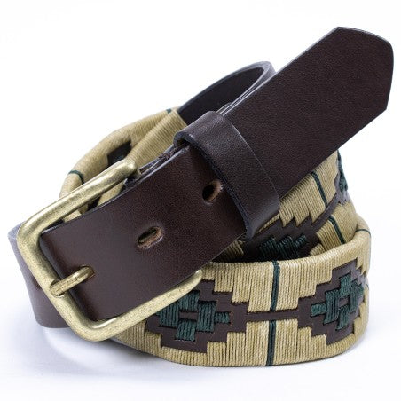 Leather belt - Beige and green Polo style pattern