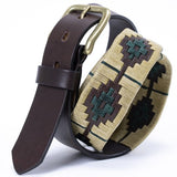 Leather belt - Beige and green Polo style pattern