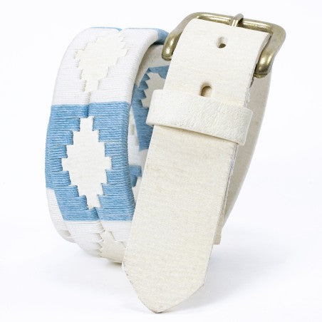 Raw leather belt - Light blue and white Pampa pattern